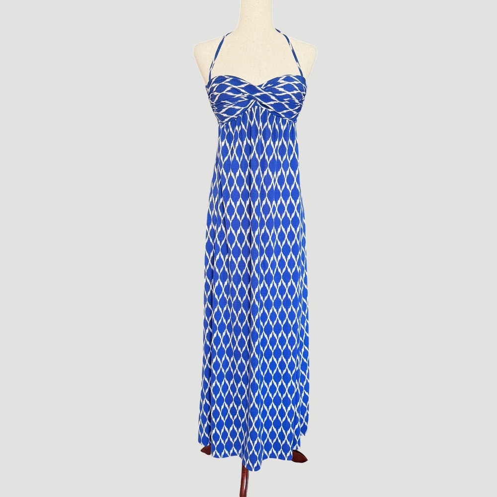 Robin Piccone Java Ikat Halter Maxi Dress Built-in Cups‎ S M Blue Boho coastal
